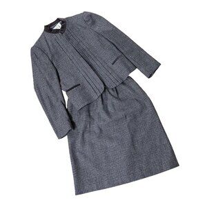 Vintage Gray Houndstooth Plaid Suit Blazer Skirt Set Size 12 Japan 70s Business